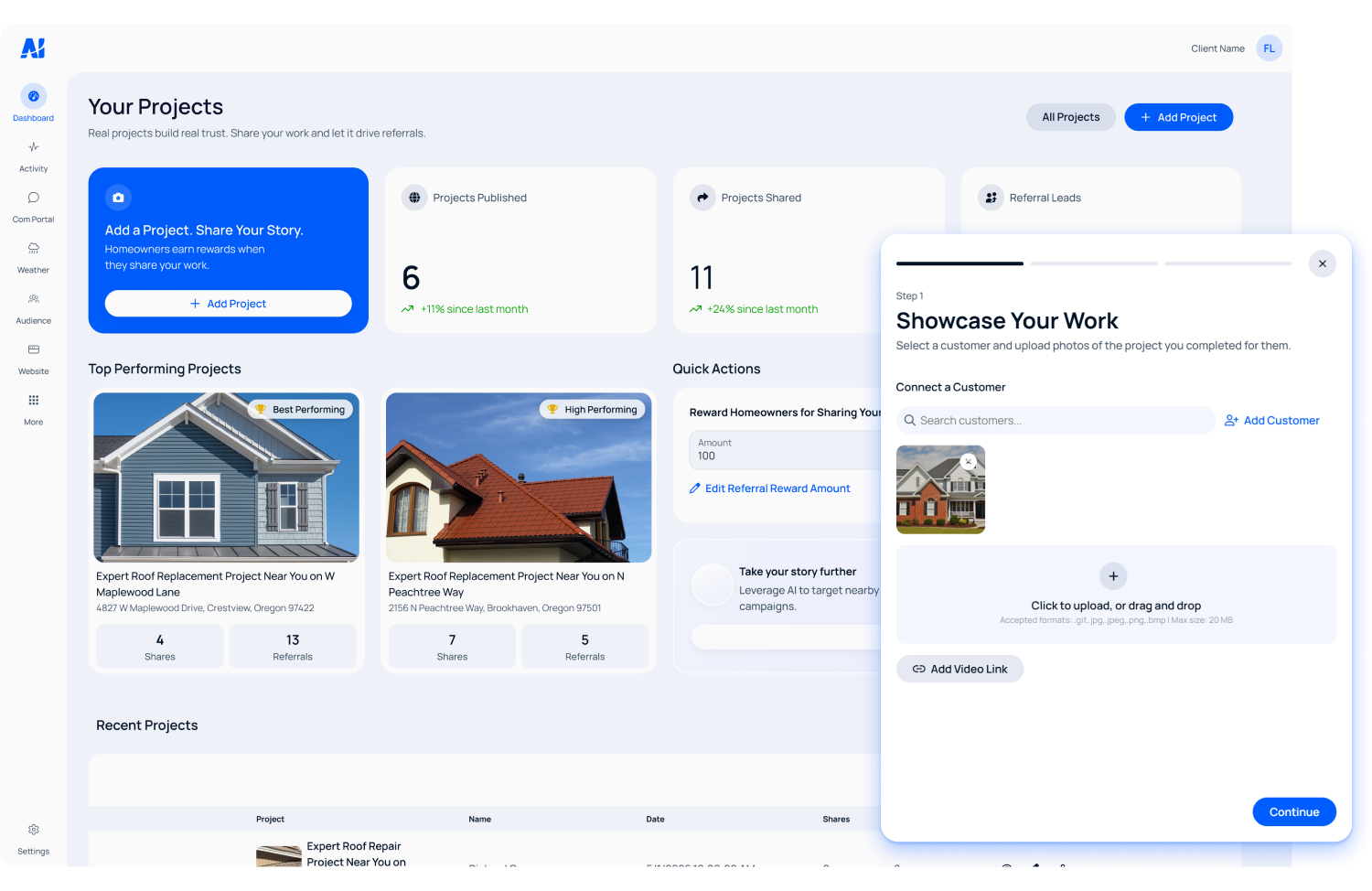 Project Showcase dashboard displaying completed jobs and AI Referral Engine